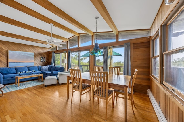 5 Great Hills Rd, Truro, MA 02666 - dining area with wood walls, light wood finished floors, ceiling fan, and baseboard heating