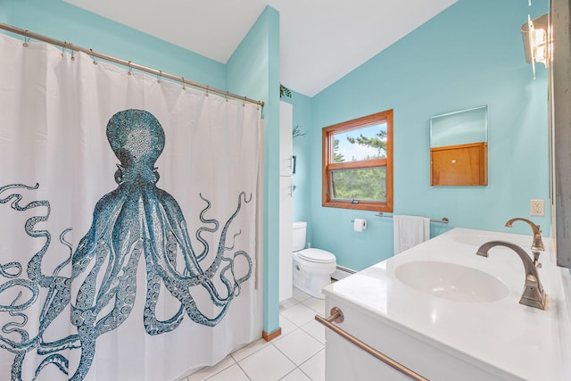 5 Great Hills Rd, Truro, MA 02666 - full bathroom with vaulted ceiling, tile patterned floors, double vanity, a baseboard heating unit, and a shower with shower curtain