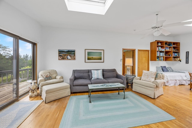 5 Great Hills Rd, Truro, MA 02666 - living room with a skylight, light wood-style floors, and a ceiling fan
