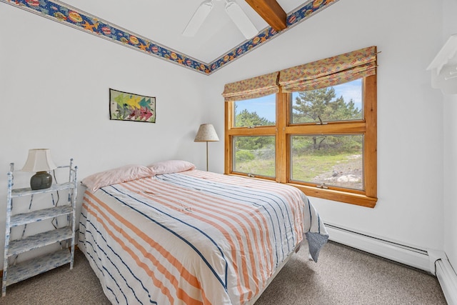 5 Great Hills Rd, Truro, MA 02666 - bedroom featuring a baseboard heating unit, carpet floors, ceiling fan, and lofted ceiling