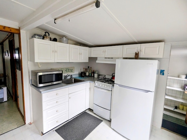 62 Old Fish House Rd, South Dennis, MA 02660 - kitchen with white appliances, a sink, white cabinets, lofted ceiling, and under cabinet range hood