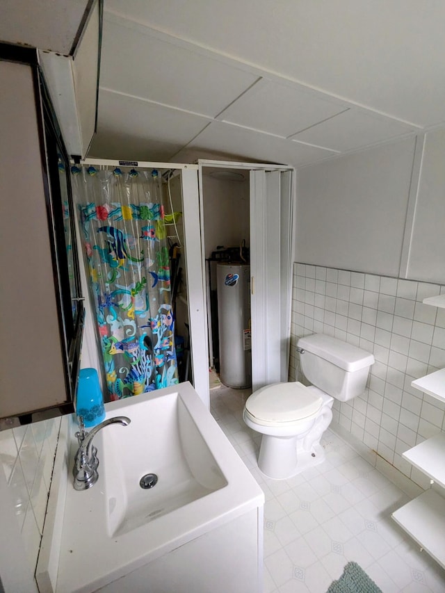 62 Old Fish House Rd, South Dennis, MA 02660 - bathroom featuring water heater, a shower with curtain, toilet, tile patterned flooring, and tile walls