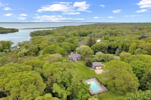 20 James Pond Way, West Tisbury, MA 02575 - drone / aerial view of a forest, a nearby body of water, and a pool