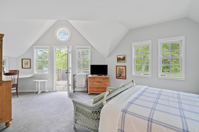 20 James Pond Way, West Tisbury, MA 02575 - carpeted bedroom featuring access to outside, vaulted ceiling, multiple windows, and baseboards