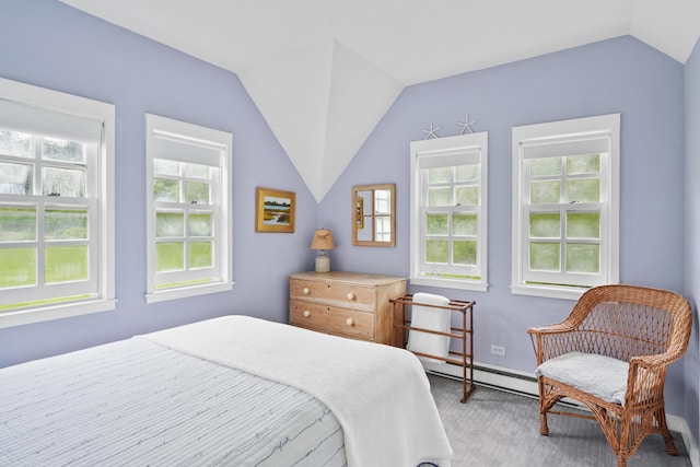20 James Pond Way, West Tisbury, MA 02575 - bedroom featuring vaulted ceiling, carpet, a baseboard radiator, and baseboards