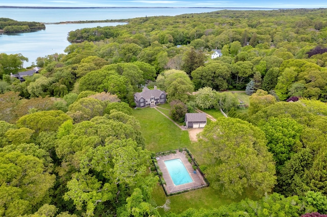 20 James Pond Way, West Tisbury, MA 02575 - aerial view of a forest, a large body of water, and a pool area