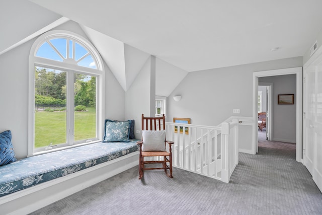 20 James Pond Way, West Tisbury, MA 02575 - living area with carpet flooring, an upstairs landing, healthy amount of natural light, and vaulted ceiling