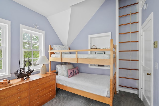 20 James Pond Way, West Tisbury, MA 02575 - bedroom featuring dark carpet and vaulted ceiling