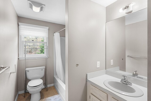 239 Upper County Rd, South Dennis, MA 02660 - full bath featuring toilet, vanity, baseboards, tile patterned flooring, and shower / tub combo
