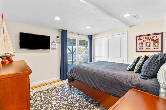bedroom with baseboards, recessed lighting, wood finished floors, and beamed ceiling