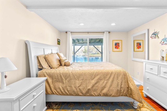 bedroom with access to outside, baseboards, recessed lighting, and wood finished floors