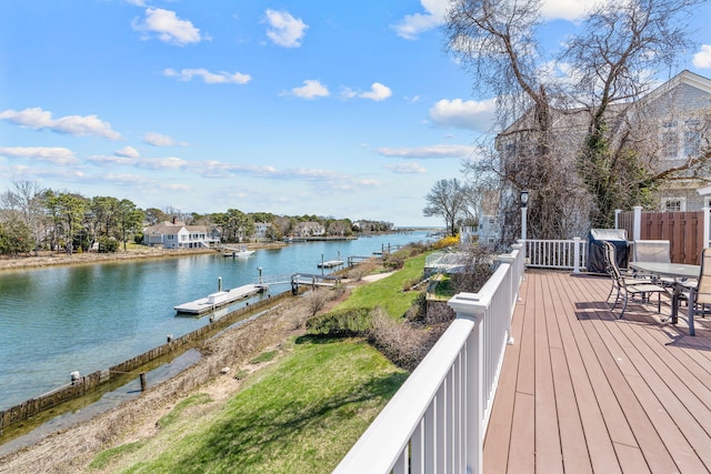 wooden deck featuring a water view and a floating dock