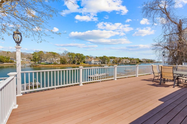 deck featuring a water view and outdoor dining area