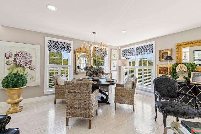 15 Sylvan Way S, Chatham, MA 02659 - dining area with baseboards, a chandelier, light wood-style floors, and recessed lighting