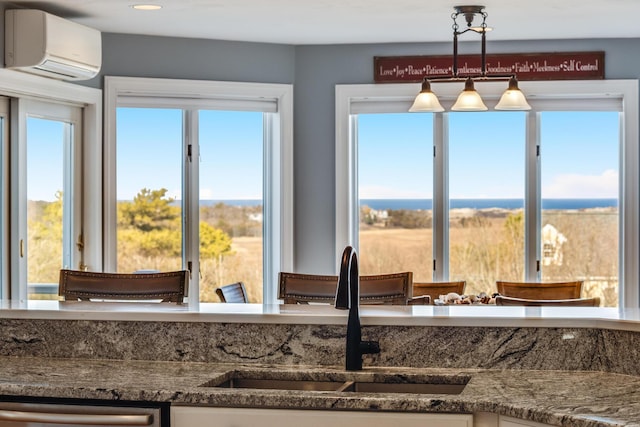 kitchen with a sink, stainless steel dishwasher, an AC wall unit, and a wealth of natural light