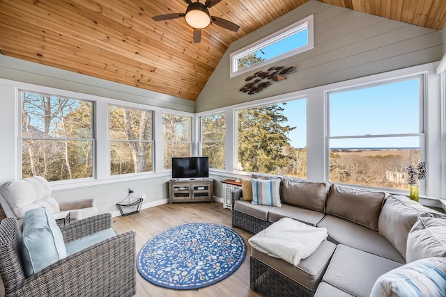 sunroom with a wealth of natural light, wooden ceiling, ceiling fan, and vaulted ceiling