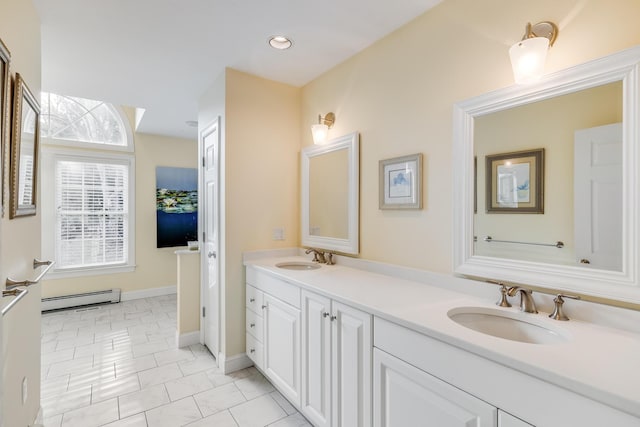 full bathroom featuring a sink, a baseboard radiator, recessed lighting, and double vanity