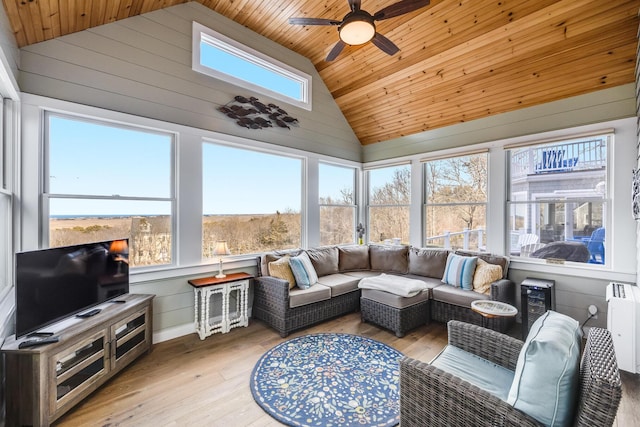 sunroom with lofted ceiling, wood ceiling, and ceiling fan