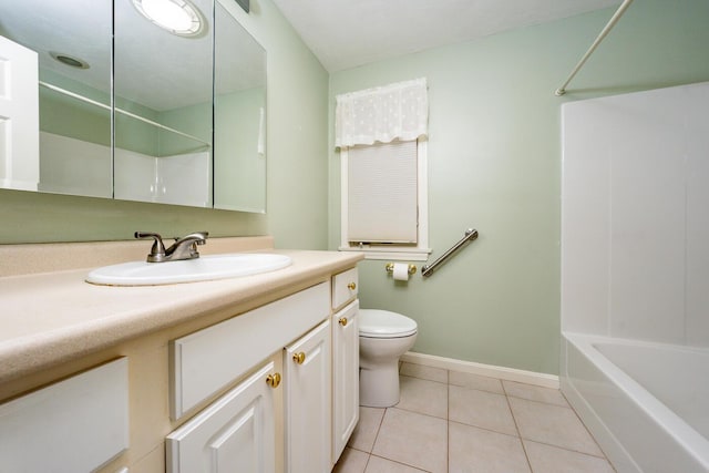 full bath featuring tile patterned flooring, toilet, vanity, and baseboards