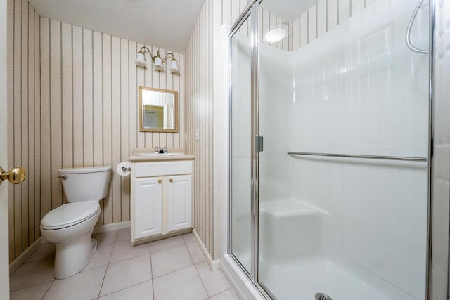 bathroom featuring tile patterned floors, toilet, a stall shower, and wallpapered walls