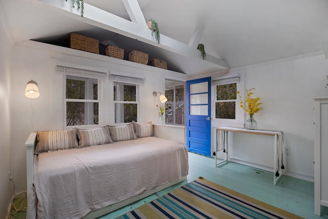 bedroom featuring wood finished floors and vaulted ceiling
