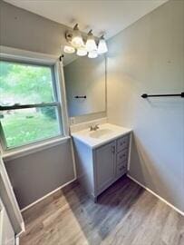 37 Washington Park, Carver, MA 02330 - bathroom with vanity, wood finished floors, and a chandelier