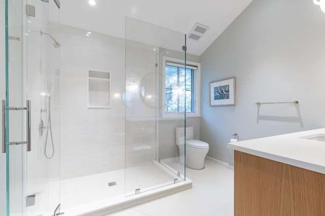 bathroom with toilet, walk in shower, lofted ceiling, and tile patterned flooring