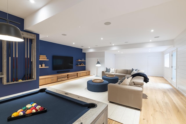 playroom with hardwood / wood-style flooring and billiards