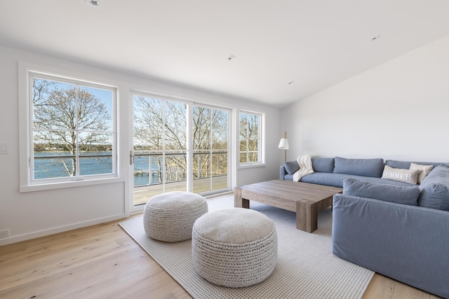 living room featuring light hardwood / wood-style floors, lofted ceiling, and a water view