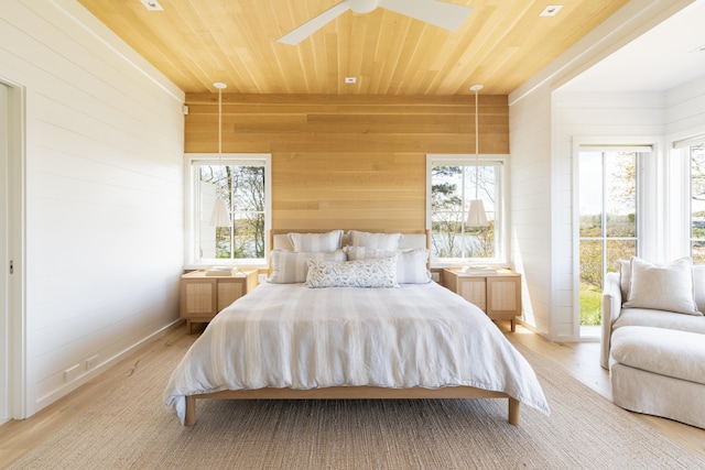 bedroom with ceiling fan, wooden walls, wooden ceiling, and multiple windows