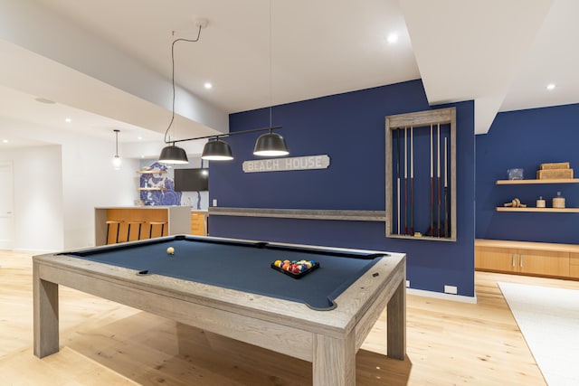 rec room with hardwood / wood-style flooring and pool table