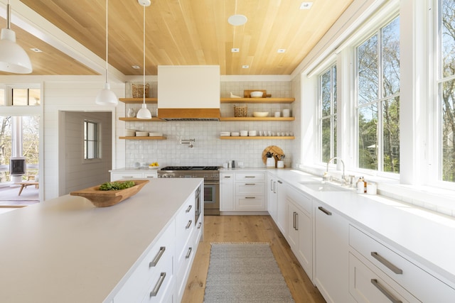 kitchen featuring custom exhaust hood, wooden ceiling, tasteful backsplash, white cabinetry, and hanging light fixtures