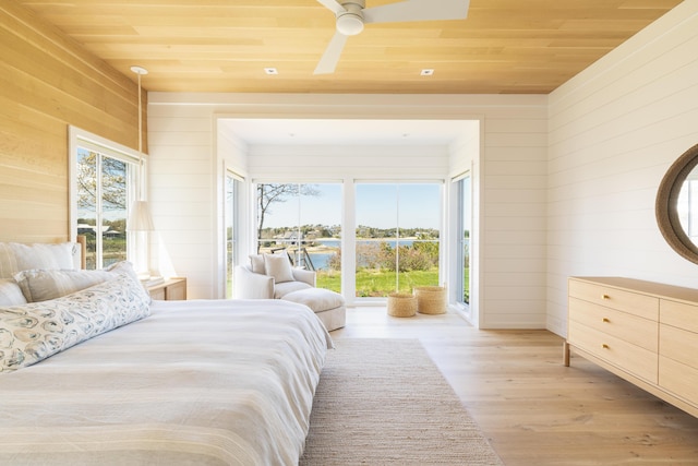 bedroom featuring light wood-type flooring, ceiling fan, wood walls, and wooden ceiling