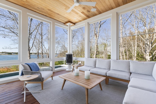 sunroom with ceiling fan, wooden ceiling, and a water view