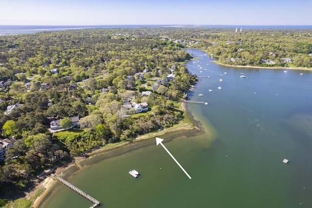 drone / aerial view featuring a water view