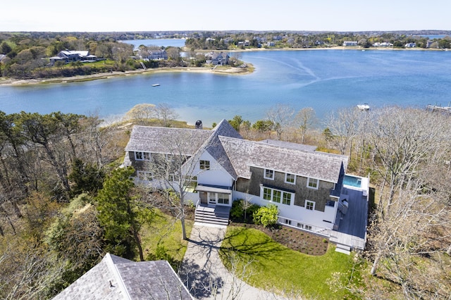 drone / aerial view featuring a water view