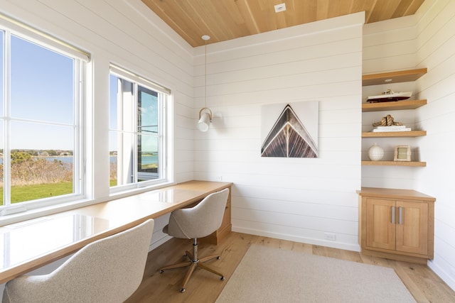 office with light hardwood / wood-style floors, wood ceiling, built in desk, and wooden walls