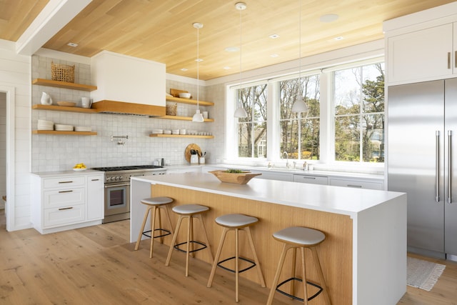 kitchen with premium appliances, a center island, wood ceiling, white cabinetry, and decorative backsplash