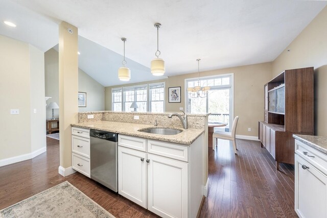 kitchen featuring a sink, white cabinetry, baseboards, dishwasher, and dark wood finished floors