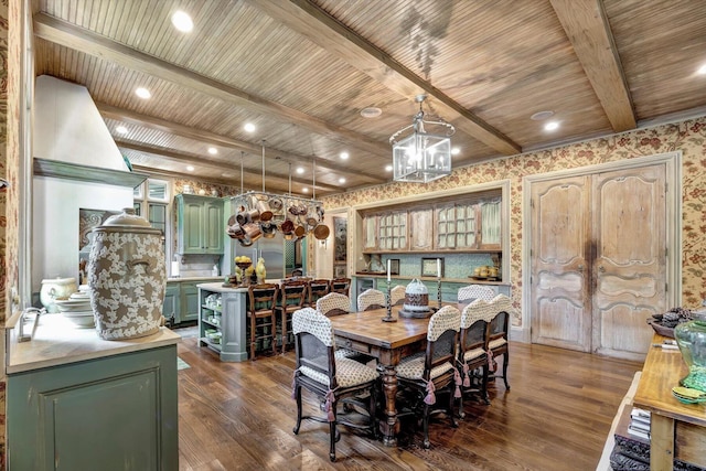 dining room featuring a notable chandelier, beamed ceiling, wood ceiling, and dark hardwood / wood-style floors