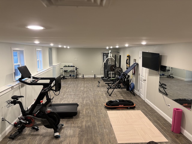 23 Ridgehill Ln, Sagamore Beach, MA 02562 - exercise area featuring baseboards, dark wood finished floors, and recessed lighting