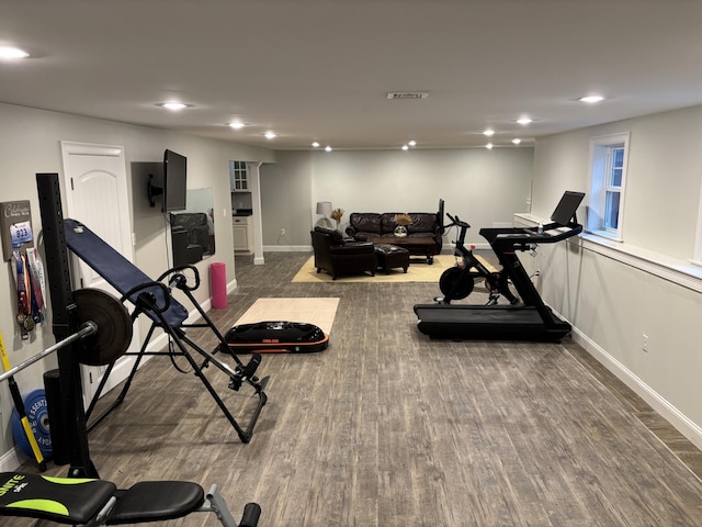 23 Ridgehill Ln, Sagamore Beach, MA 02562 - exercise area featuring wood finished floors, baseboards, and recessed lighting