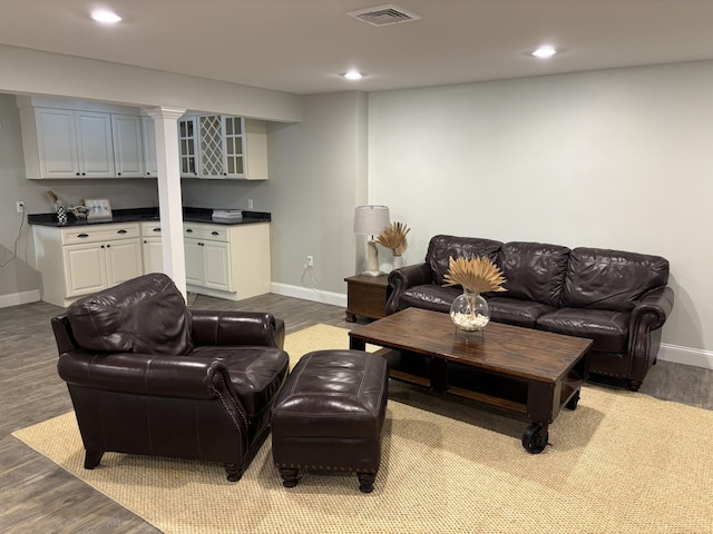 23 Ridgehill Ln, Sagamore Beach, MA 02562 - living room featuring wood finished floors, baseboards, recessed lighting, and bar area