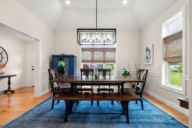 23 Ridgehill Ln, Sagamore Beach, MA 02562 - dining space featuring a chandelier, light wood-type flooring, vaulted ceiling, baseboards, and recessed lighting