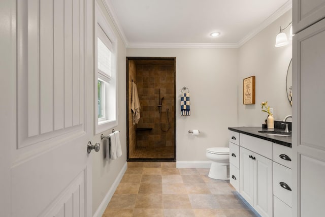 23 Ridgehill Ln, Sagamore Beach, MA 02562 - bathroom featuring baseboards, vanity, toilet, a tile shower, and crown molding