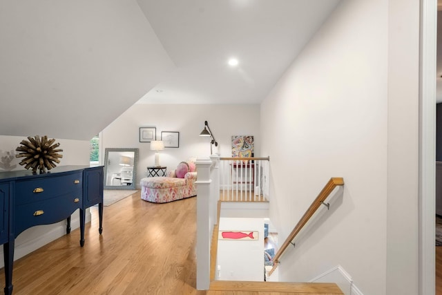 23 Ridgehill Ln, Sagamore Beach, MA 02562 - staircase featuring wood finished floors, baseboards, recessed lighting, and lofted ceiling