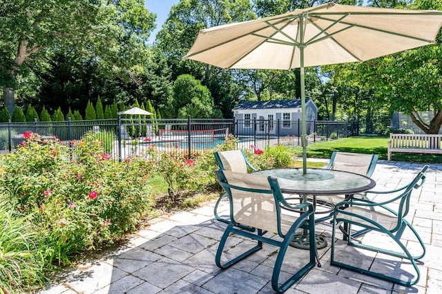 view of patio featuring an outbuilding and a community pool