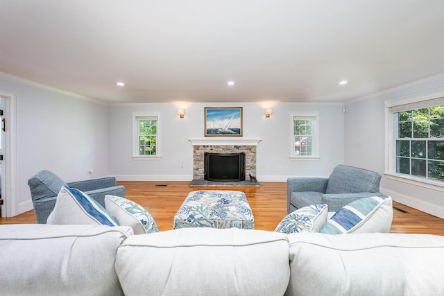 living room featuring light wood-type flooring, ornamental molding, and a fireplace