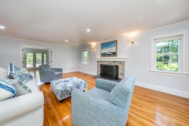 living room featuring wood-type flooring, a wealth of natural light, french doors, and a fireplace