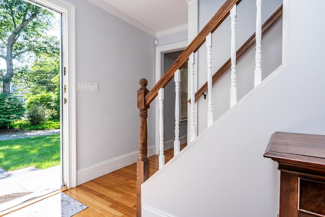 entrance foyer with light wood-type flooring and ornamental molding